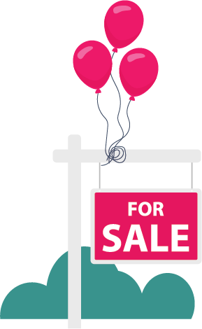 For sale sign with five red balloons attached to a white sign post